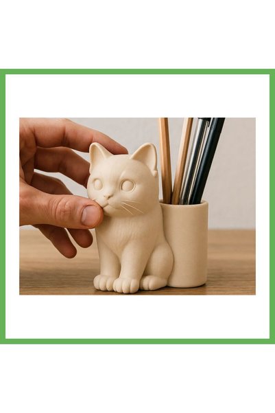 TheGencoo 3D-Printed Cat-Shaped Pencil Holder - Desktop Organizer - Beige GEN01