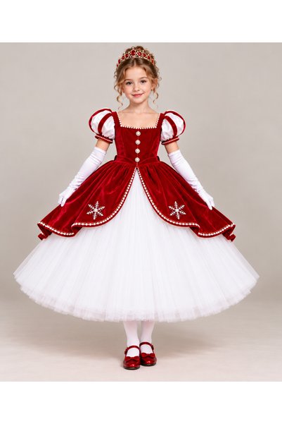 Star Kids Rochie de Anul Nou pentru fetițe, roșie și albă, cu detalii în form...