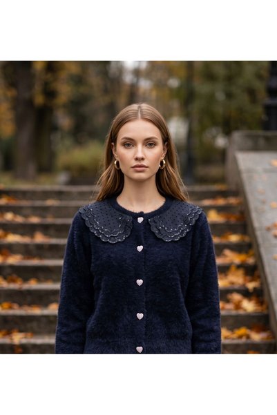 AYMİSS MODAL LACE COLLAR, BEJEWELED BUTTONS, STYLISH SOFT CARDIGAN (65 CM)