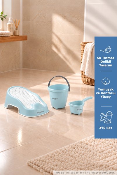 Babyjem Elegant Soft Banyo Desteği Kaydırmaz Bebek Yıkama Yardımcısı 3'lü Set Soft XL Boyut Mavi