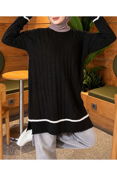 Hepsi Moda Striped Detail Knit Tunic - 3402 - Black (ÖS)