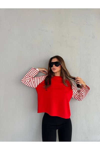ÇEÇİM Kadın Kolları Çizgili Uzun Kollu Rahat Kesim Sweat
