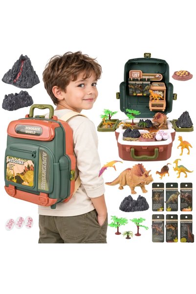 KRUZZEL Set de joaca lumea dinozaurilor in rucsac 2 in 1, cu 5 figurine, vulc...