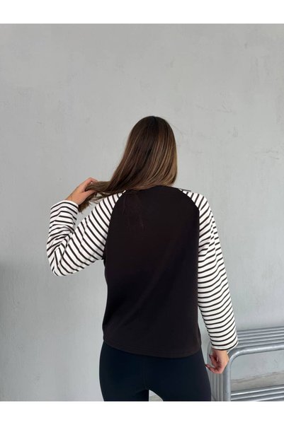ÇEÇİM Kadın Kolları Çizgili Uzun Kollu Rahat Kesim Sweat