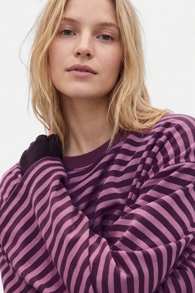 VODENS Kadın Vişne Çizgili %100 Pamuk Bisiklet Yaka Oversize Sweatshirt