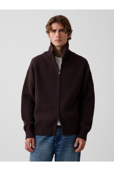 GAP Erkek Koyu Kahverengi Oversized İkili Fermuarlı Triko Hırka