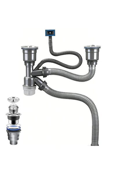 LinJie Double Sink Drain Pipe, Kitchen Stainless Steel Sink Drain Kit, Anti-O...