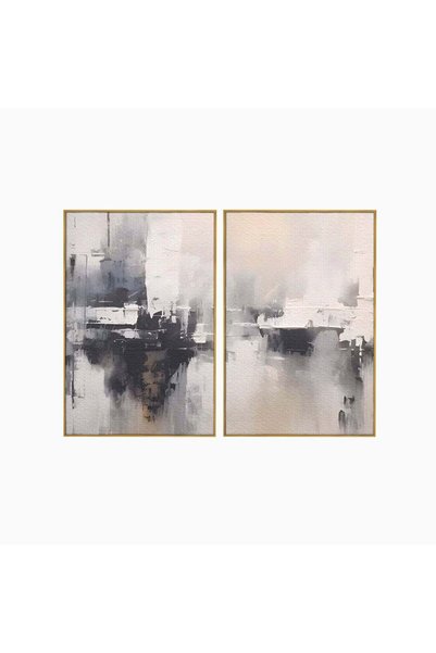 Luxcanva Set 2 Tablouri Canvas Abstract Gri 100x70 cm (2 x 50x70) cu Ramă Aur...
