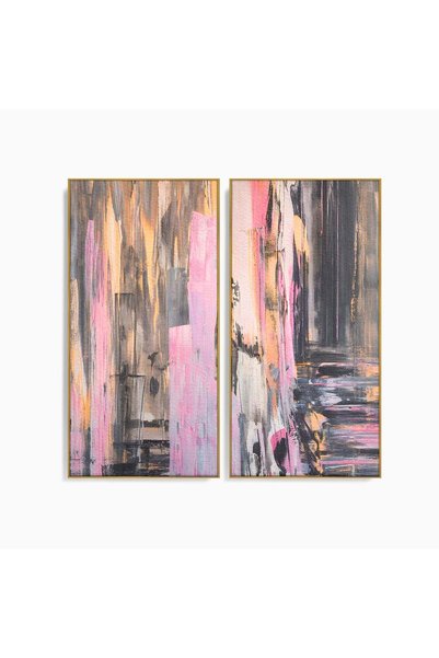 Luxcanva Set 2 Tablouri Canvas Roz Liniar 100x100 cm (2 x 50x100) cu Rama Aur...