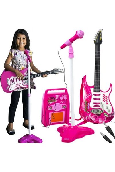 KRUZZEL Set chitara electrica pentru copii cu amplificator, microfon cu stati...
