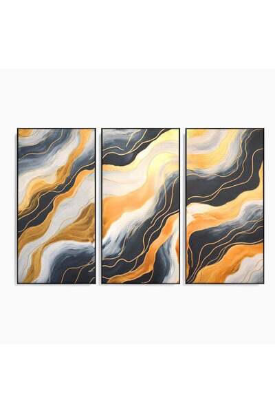 Luxcanva Set 3 Tablouri Canvas Valuri Aurii 180x120 cm (3 x 60x120) cu Rama N...