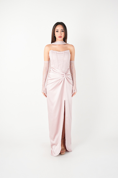 BEYBOS Lace Top and Satin Fabric Design Evening Dress - Pudra