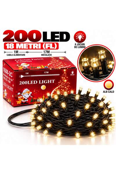 SHOP LIKE A PRO Instalație Luminoasă de Crăciun, 200 LED-uri, 18 Metri, 8 Joc...