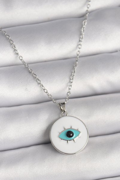 Skygo 316L Steel Silver Color Chain White Enamel Turquoise Eye Embroidery Mod...