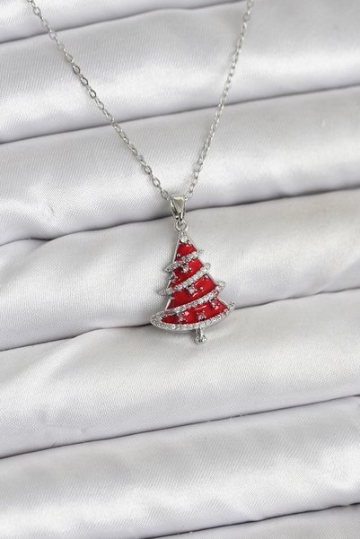 Skygo 316L Steel Chain Silver Color Red Pine Tree Model Christmas Themed Wome...