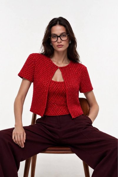 vuvutasarım Set de bluză și cardigan cu model fagure și detalii sclipitoare p...