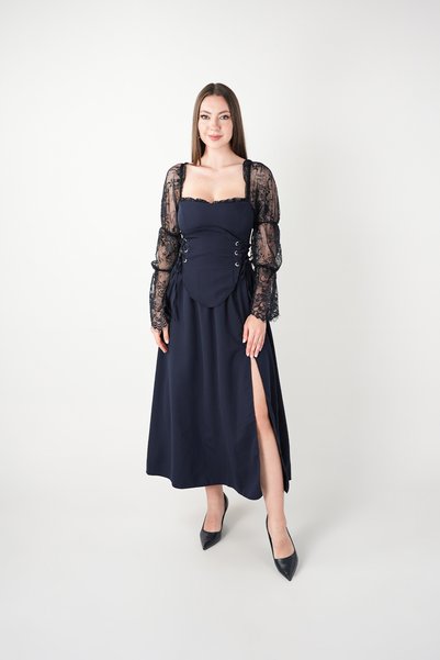 BEYBOS Double Fabric Atlas Corset Detailed Dress - Dark Blue