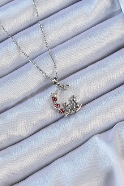 Skygo 316L Steel Chain Silver Color Red Rose Detail Cat Figure Zircon Stone M...