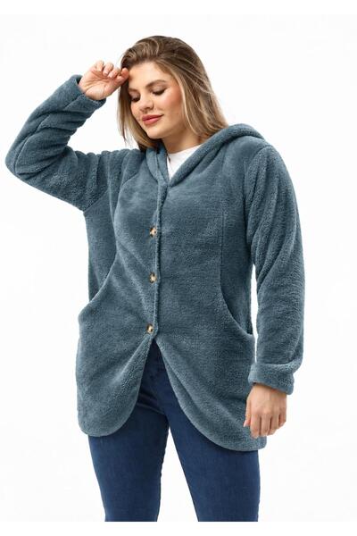 SENTEX Welsoft Fleece Turquoise Women's Cardigan with Buttoned Pockets