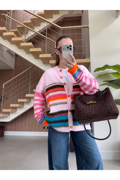 BB Bensu Buyruk Cardigan din tricot de lână texturat cu dungi colorate