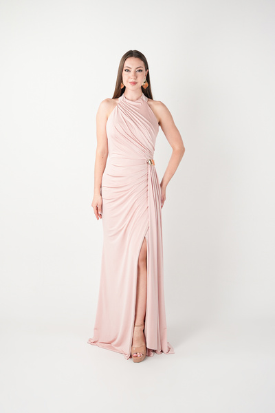 BEYBOS Crystal Fabric Halter Neck Evening Dress - Pudra