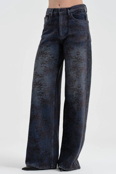 tw3 Women's Palazzo-Fit Jeans with Beaded Sides and Jacquard Floral Print