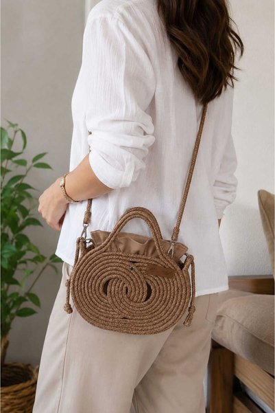 MTG JÜT TASARIM HANDMADE JUTE WOVEN STRAP SHOULDER BAG WITH SMALL RINGS AND C...