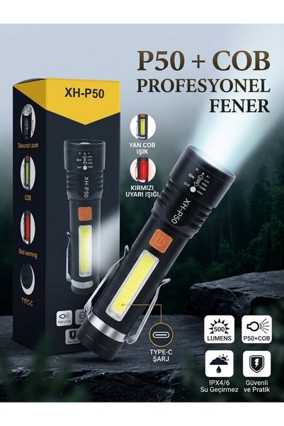 Premio XH-P50 Zumlu Taktik El Feneri - P50 + COB Yan Işık, Kırmızı Uyarı Modu...