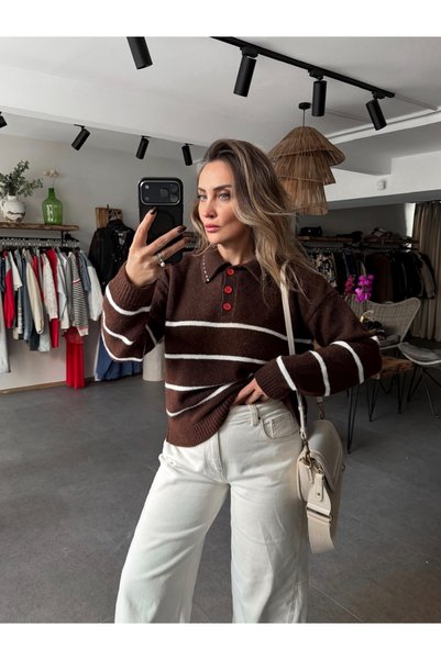 MODAMERSİ Women's Brown Striped Sweater with Red Buttons