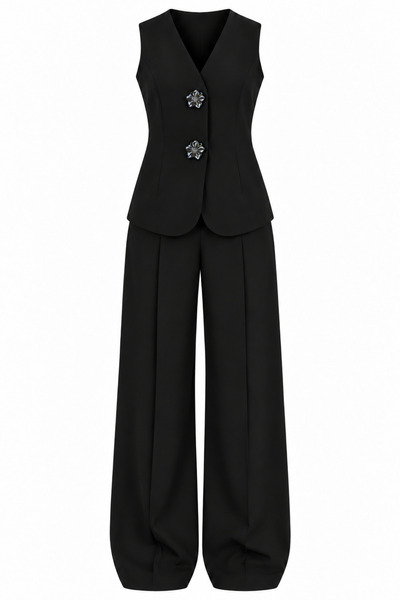 My Blog Black Flower-Buttoned Vest Set - 2y8544