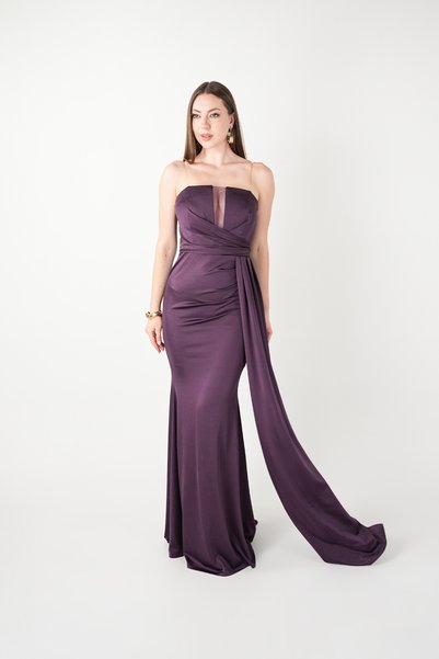 BEYBOS Striped Satin Fabric Shawl Detailed Evening Dress - Patlican Purple