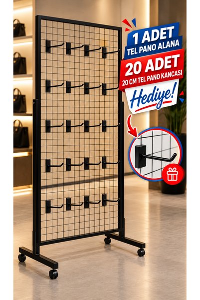 RafBurada Tekerlekli Sık Telli Tel Raf - Tel Pano Stand, Duvar Askılığı-20 Adet 20 cm Tel Pano Kanca Hediyeli 60x120 cm