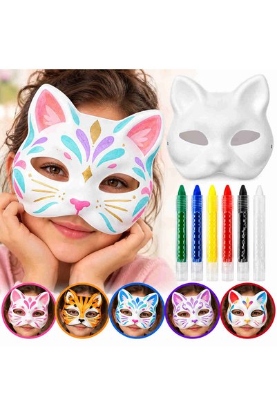 Lovesta Home Paintable Cat Mask and 6-Color Crayon Set – 7-Piece Set