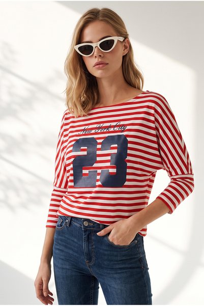Olalook Women's Red 23 Printed Drapey Striped Sweatshirt SWT-19000822