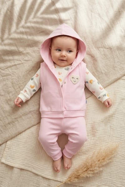 ANP MODA TASARIM Girl's 3-Piece Rib Knit Set - Hooded Cardigan with Print, Sn...