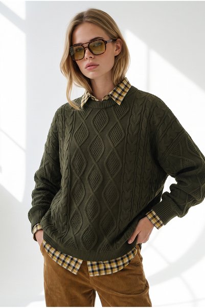 Olalook Pulover oversize din tricot pentru femei, de culoare kaki, cu imprime...