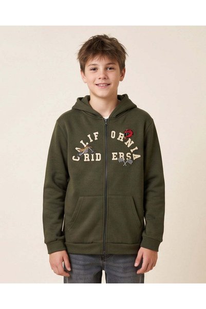 REDTAG Senior Boys Olive California Riders Print Zip-Up Hoodie