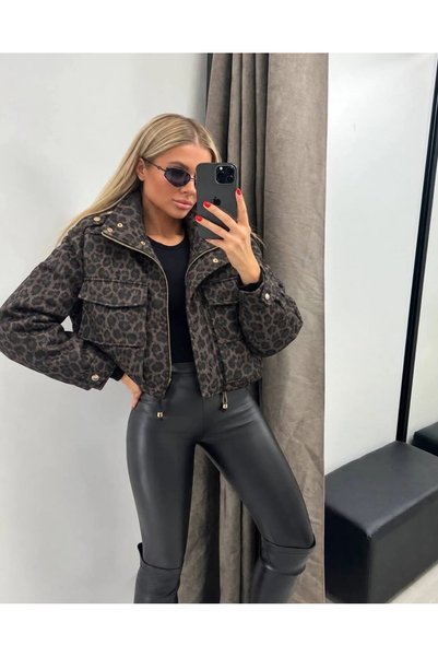 Ekim Store Jacke mit Leopardenmuster, großen Taschen, Reißverschluss und Kord...