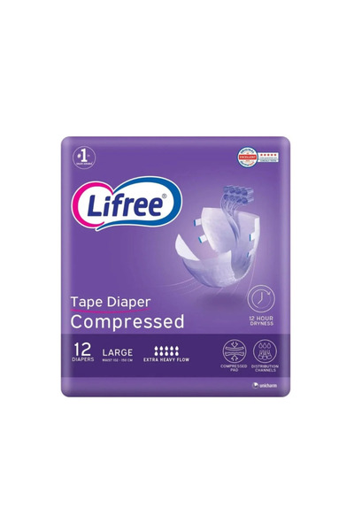 Lifree شريط حفاضات مضغوط للكبار، مقاس كبير، امتصاص 8 أكواب، عبوة عادية، 12 قطعة