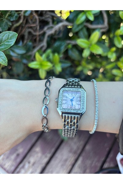 BURCU JEWELRY ساعة يد نسائية فضية اللون، بتصميم مزين بالخرز، وميناء وردي اللو...