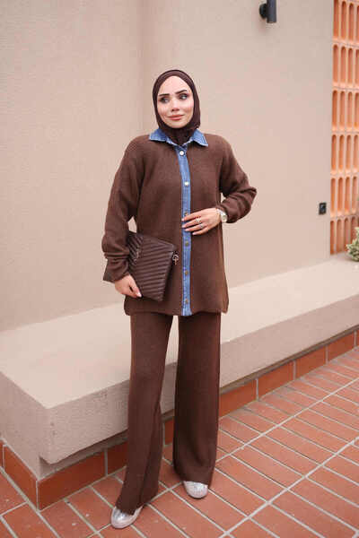 İmajButik Brown Denim-Knitted Brioche Knit Buttoned Cardigan and Pants Set