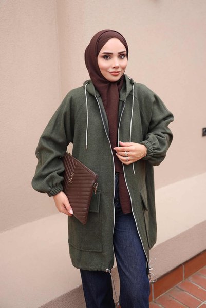 İmajButik Khaki Hooded Jacket with Zippered Pockets