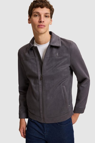 U.S. Polo Assn. Men's Anthracite Standard Fit Suede-Look Zipper Leather Jacke...