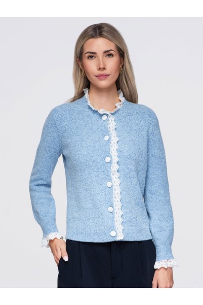 OMBRE Cardigan de damă, ușor cambrat, cu dantelă, mâneci lungi, albastru OW-S...