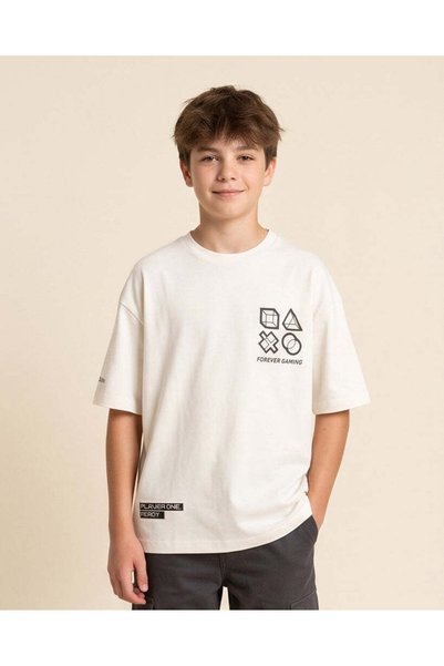 REDTAG Senior Boys Off White PlayStation Symbols Oversized T-Shirt