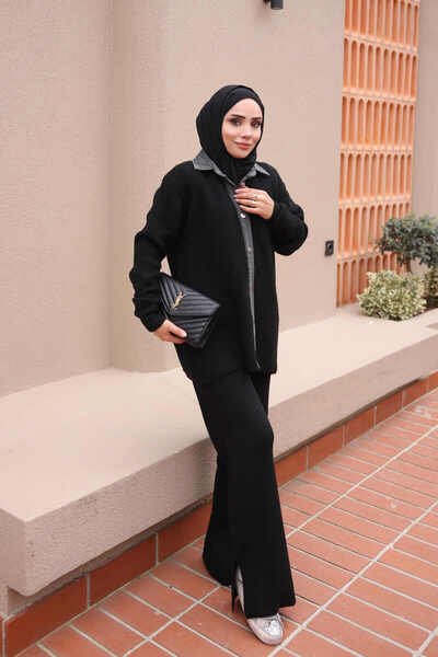İmajButik Black Denim Set with Knitted Thessaloniki Knit Buttoned Cardigan an...