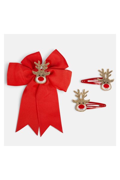 OEM Clemă de păr cu fundă roșie și ren, în set cu 2 agrafe, accesorii festive...