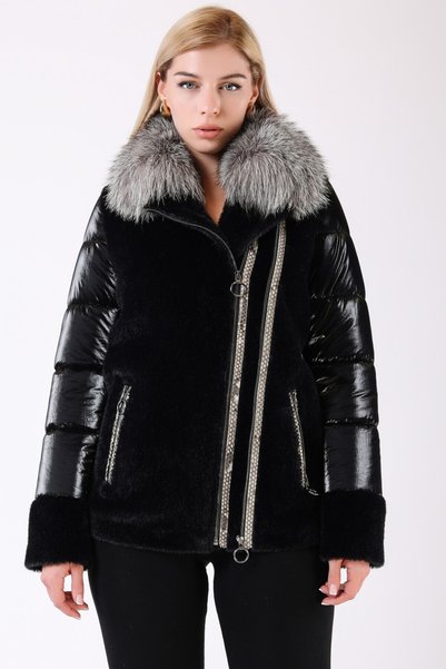 Leather Club Siyah Glam Fox Aksesuarlı Şişme Puffer Kaban