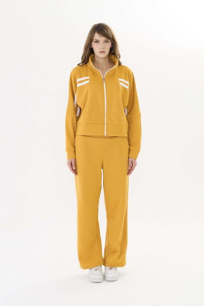 TRENDHİLL Women's Brushed Inside Cotton Mock Neck Zipper Sweatsuit Set Mustar...