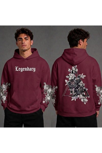 HAI COLLECTİON Burgundy Hooded Sweatshirt with Legendary Floral Print, Oversized
